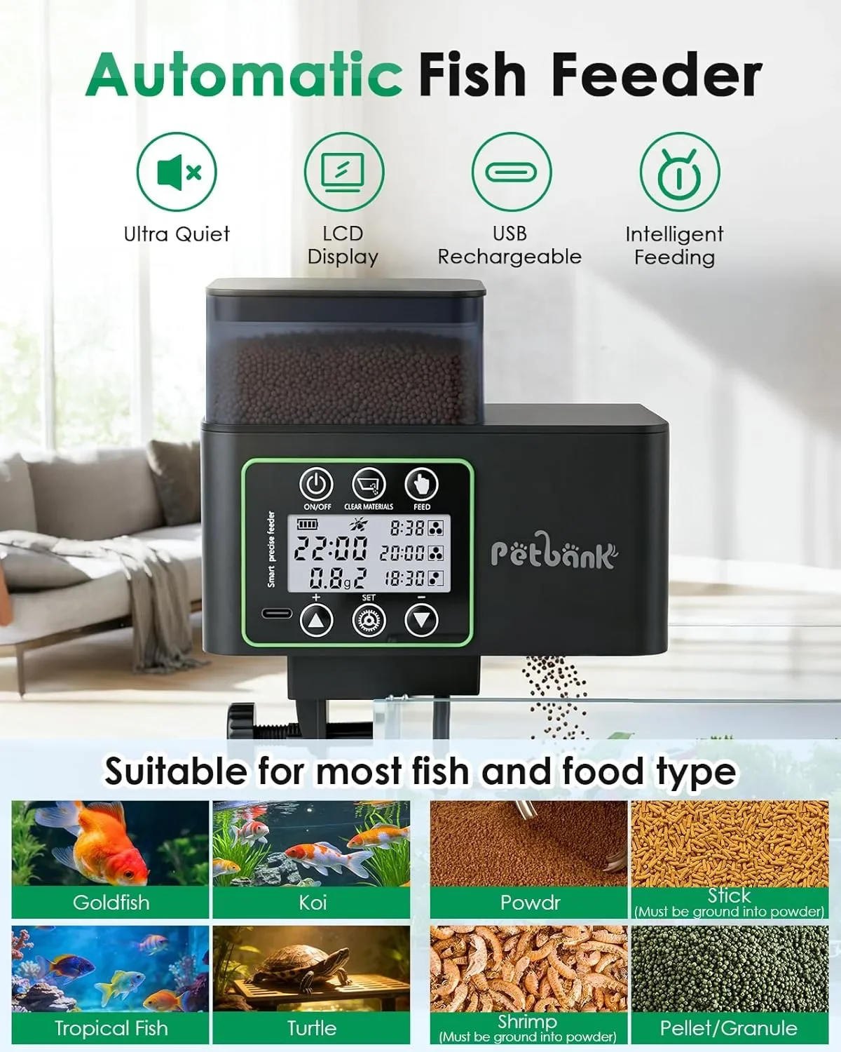 Автоматична хранилка за риби Petbank с програмиране, LCD дисплей и вградена батерия — снимка 8