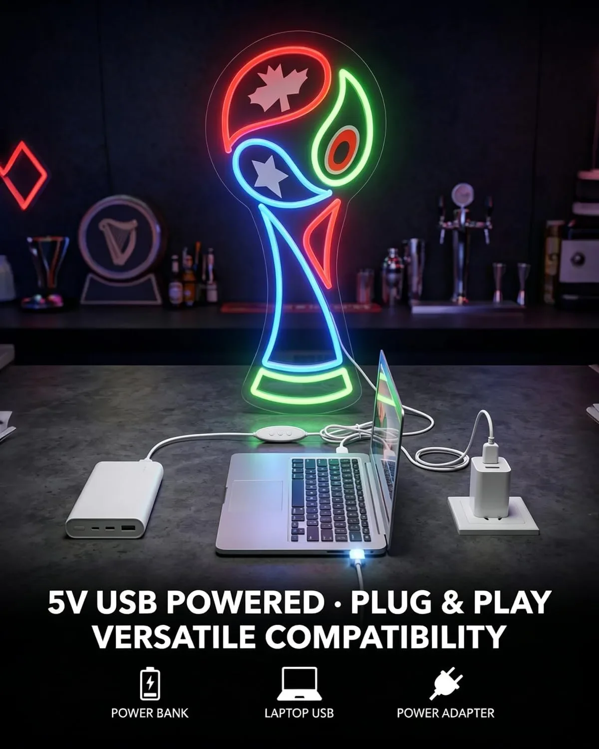 Смарт LED неон надпис/декор купа за световното 2026 – RGB, USB захранване, димиране и монтаж — снимка 6