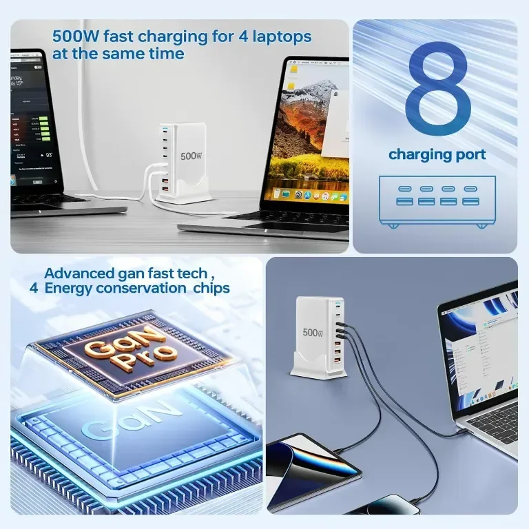 USB C зарядно устройство 500 W, 8 порта GaN3 USB C зарядна станция — снимка 3