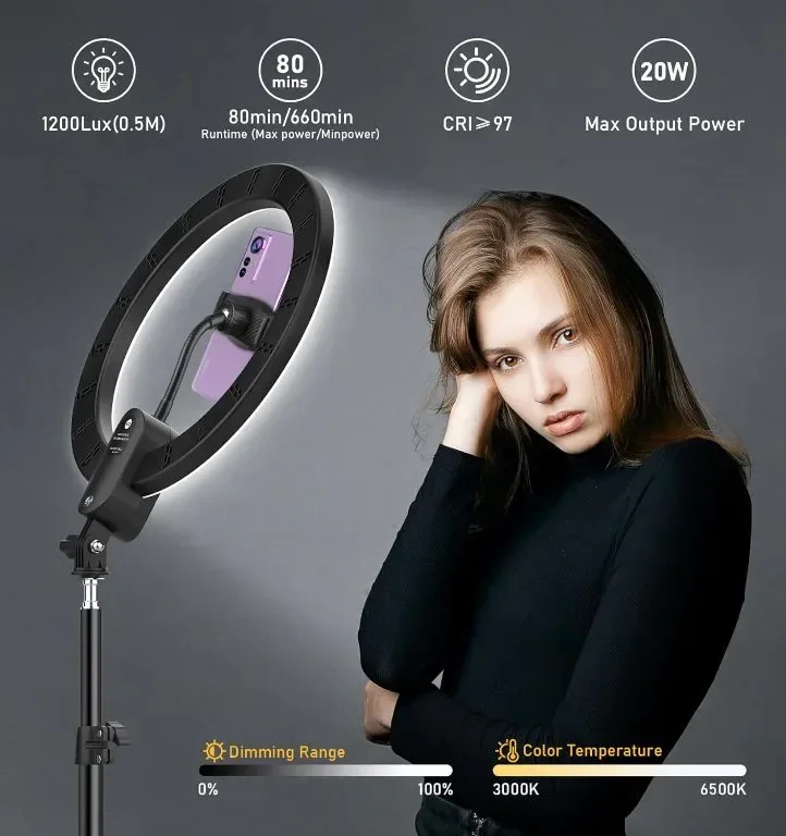 Kmasic 12-инчова пръстеновидна лампа 2800mAh,акумулаторна,LED за селфи — снимка 2