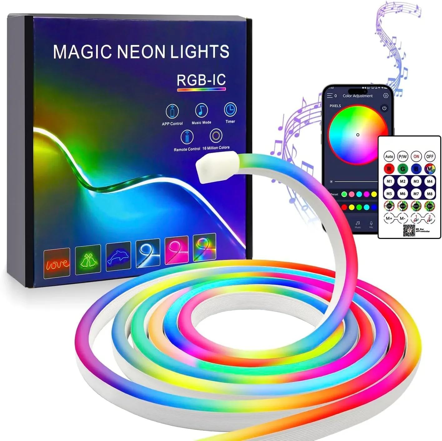 FWoche Magic Neon Lights RGB+IC LED неонова въжена светлина 5м с Bluetooth приложение и IR дистанционно