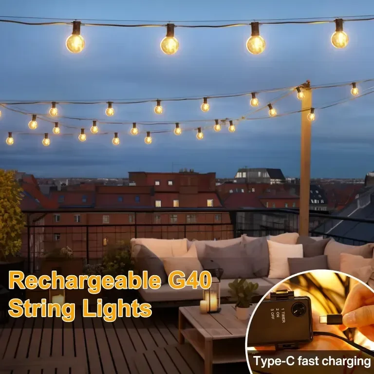 DSLebeen Festoon Lights, акумулаторна 5000mAh батерия, G40 LED стрингови светлини, 12 м, топло бяло — снимка 2