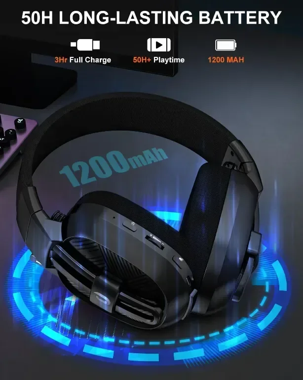 JIMYIU Безжични слушалки за игри с шумопотискащ микрофон, 2,4 GHz и Bluetooth, 50 часа батерия — снимка 5