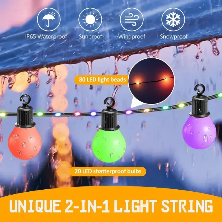 IRISECO 12,5м цветни външни крушки, Водоустойчиви Festoon светлини, 100LED+20 крушки, 12 режима USB — снимка 4