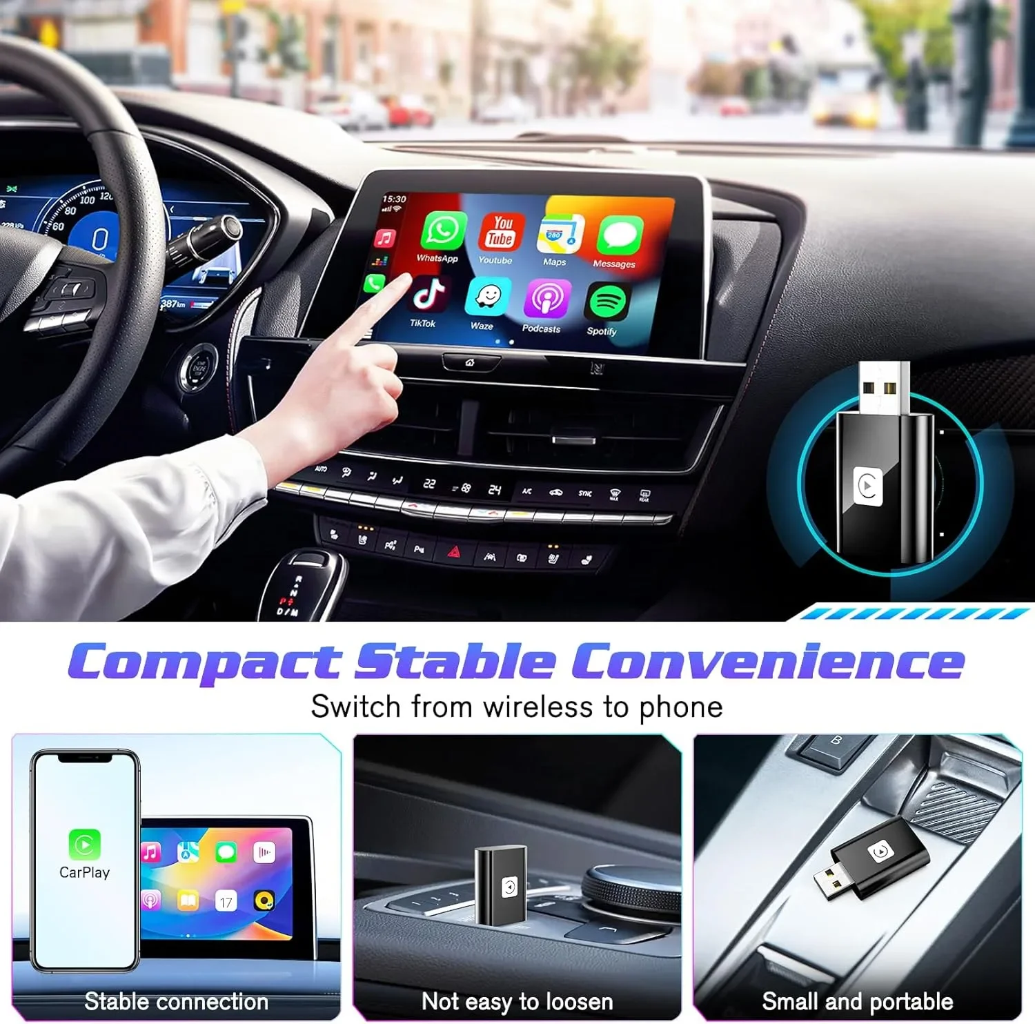 Мини безжичен CarPlay адаптер за iPhone (за iOS), с USB и Type-C кабел (НЕ за Android) — снимка 2