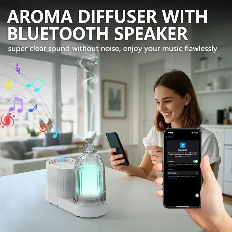 DOUDING 4в1, 400 мл Стъклен дифузор за етерично масло с Bluetooth високоговорител, 7 цветни светлини — снимка 2