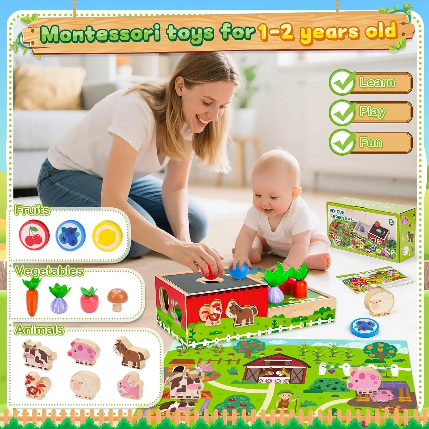 Дървена игра Montessori “Ферма” за 1-3 г. – сортиране по форма и сензорна игра — снимка 2