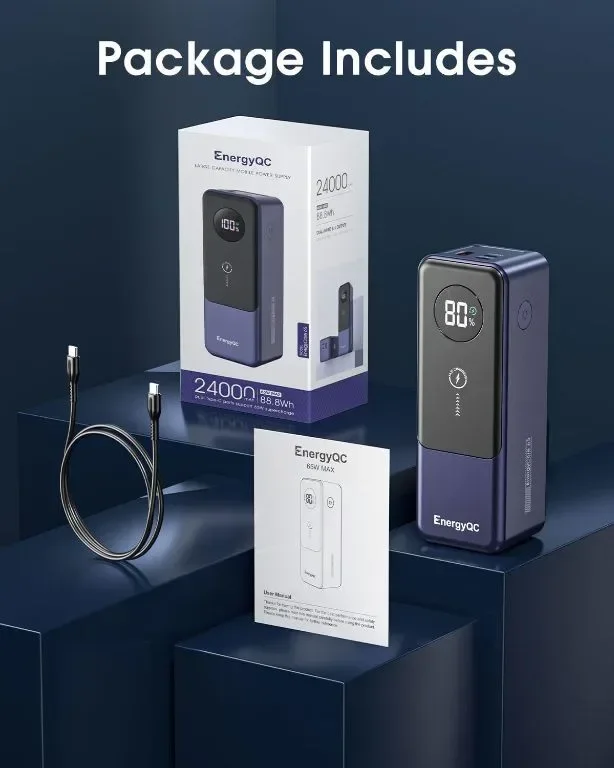 EnergyQC Power Bank 24000 mAh, преносимо зарядно устройство 65W бързо зареждане с USB-C вход и изход — снимка 8