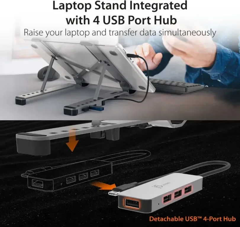 j5create Сгъваема алуминиева стойка за лаптоп с USB3.2 4-портов хъб, преносима до 16 инча (JTS223) — снимка 2