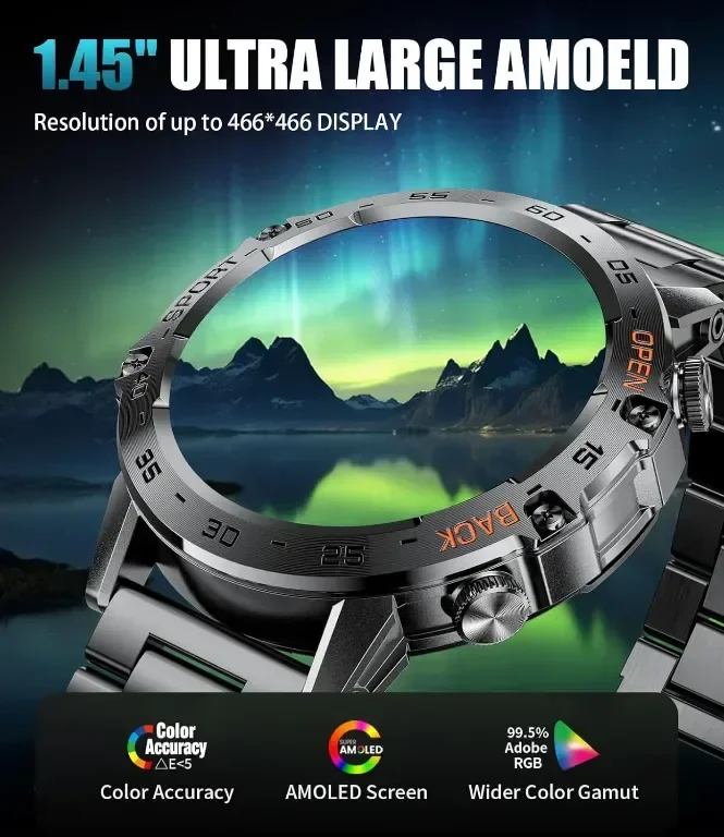 Смарт часовник SIEMORL за мъже, 1,45" HD AMOLED дисплей, приемане/осъществяване на повиквания, IP68 — снимка 5