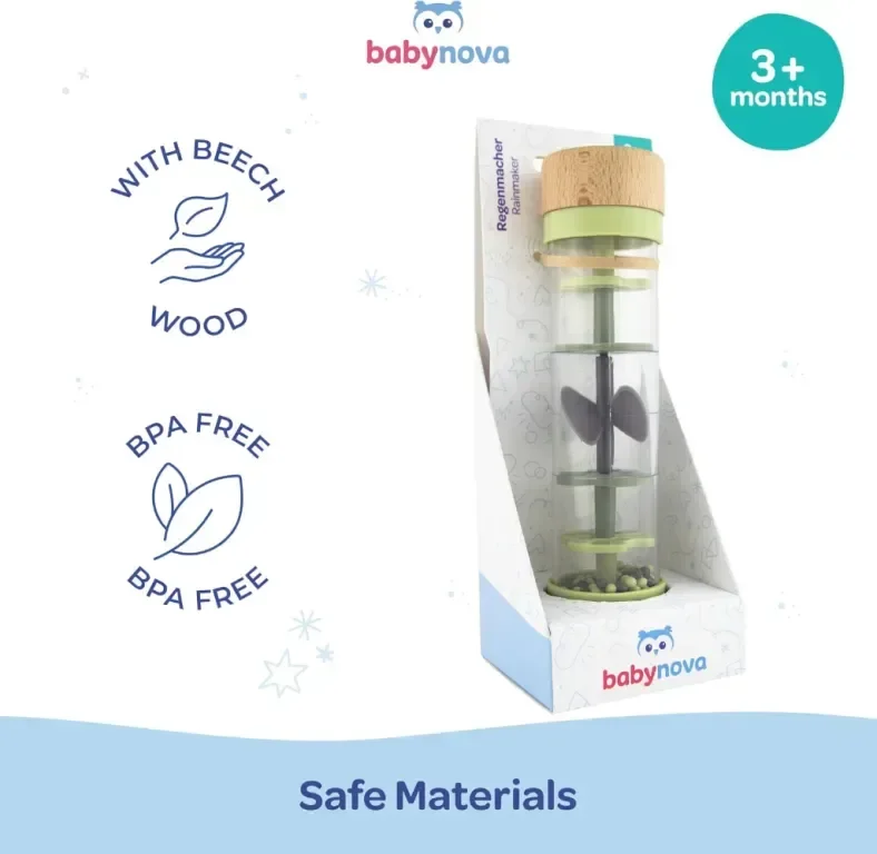 babynova Rainmaker Дървена бебешка дрънкалка с успокояващ капещ звук за бебета 3+ месеца, зелена