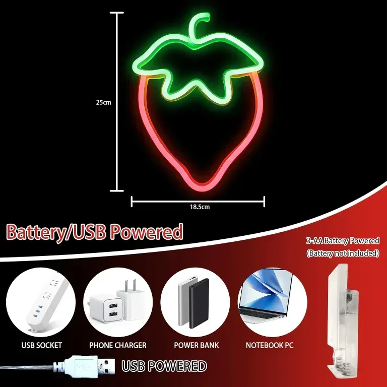 WIOSOUL LED Неонова табела с форма на ягода, 18,5x25 см, батерии или USB — снимка 3