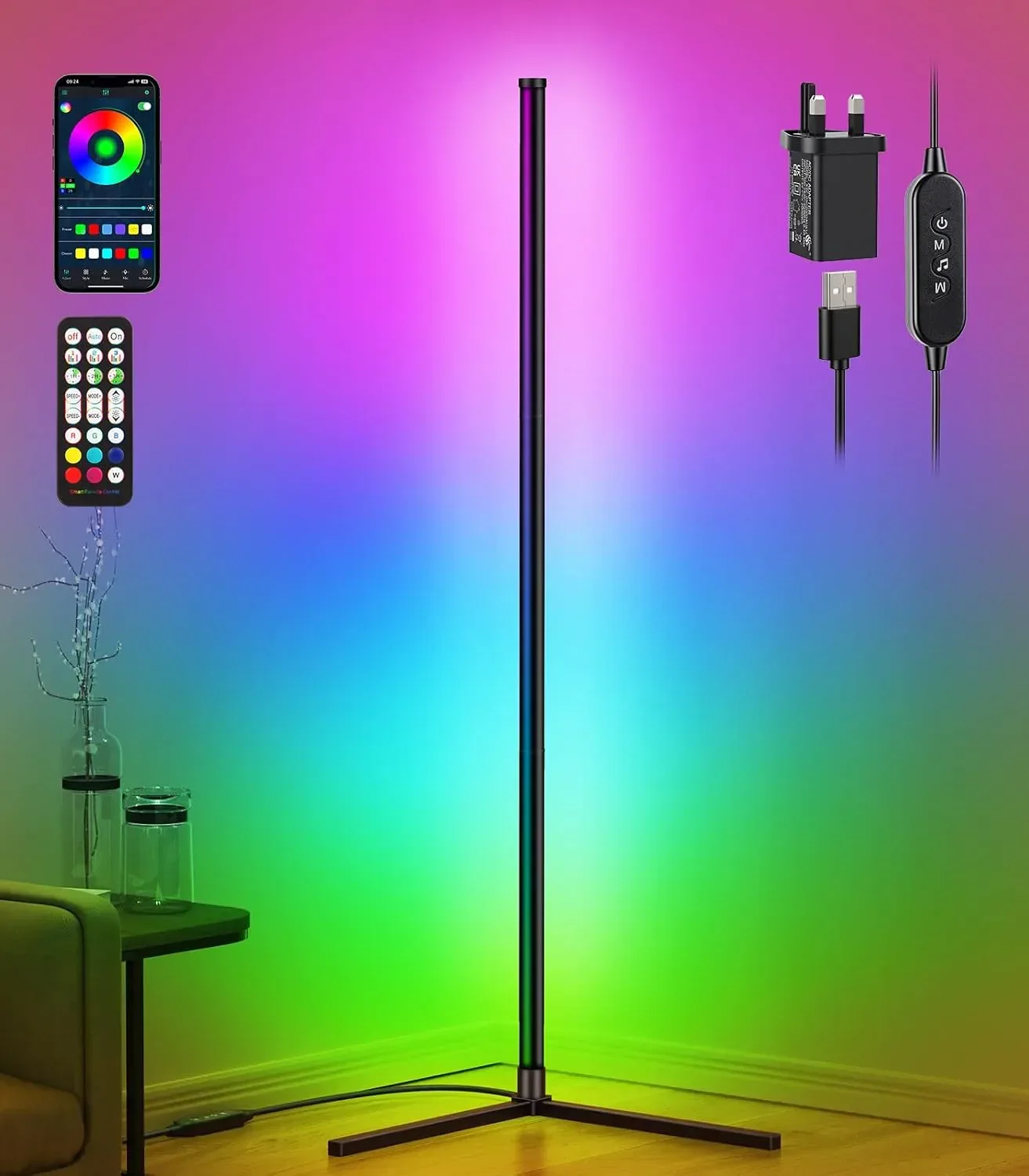 Черен RGB LED лампион riyo с приложение, дистанционно и 68+ режима