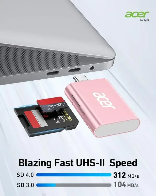 Acer USB C SD 4.0 четец на карти 2 в 1, UHS-II Micro SD, розов — снимка 2