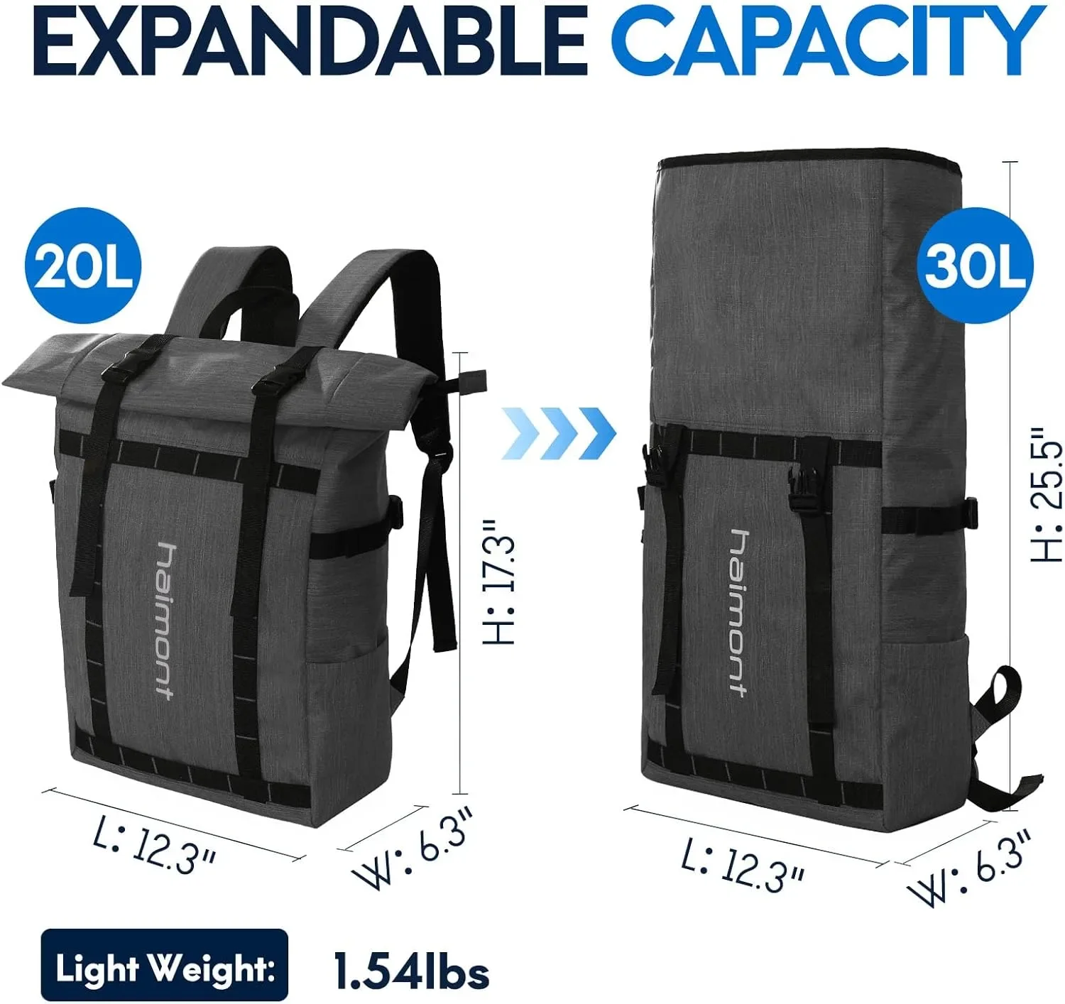 Раница Haimont Rolltop 20–30L, водоустойчива, с отделение за лаптоп, туристическа/ежедневна — снимка 6