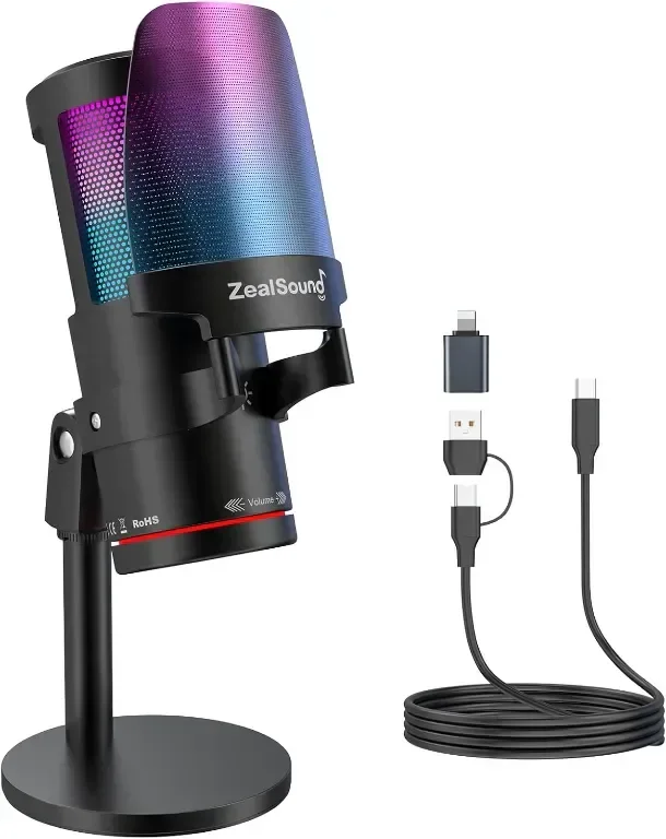 USB микрофон за игри ZealSound, кондензаторен микрофон с шумопотискане, с RGB светлина
