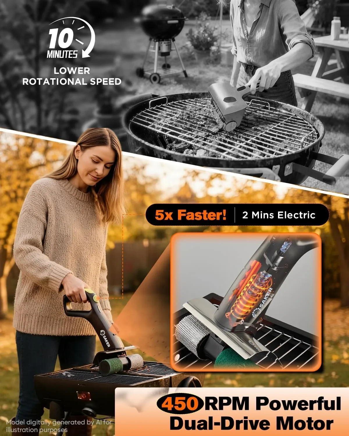 SAKER Electric Grill Brush HK05E-B – безжична почистваща четка за скара с LED фенер и 3 глави — снимка 8