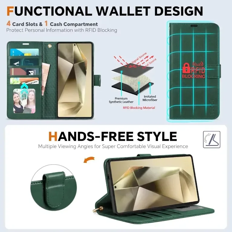Калъф TUCCH Wallet за Galaxy S25 Ultra (6,9") 2025 5G, 2 в 1 отделящ се фолио калъф, каишка за китка — снимка 5