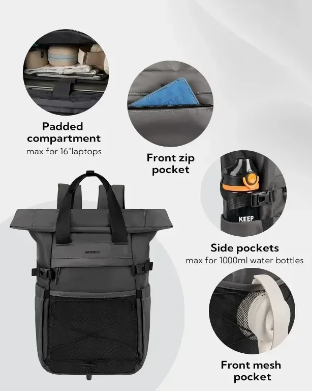Раница Waterfly Roll Top 16-21 л, подходяща за 16 инча лаптоп, Тъмно сиво — снимка 3