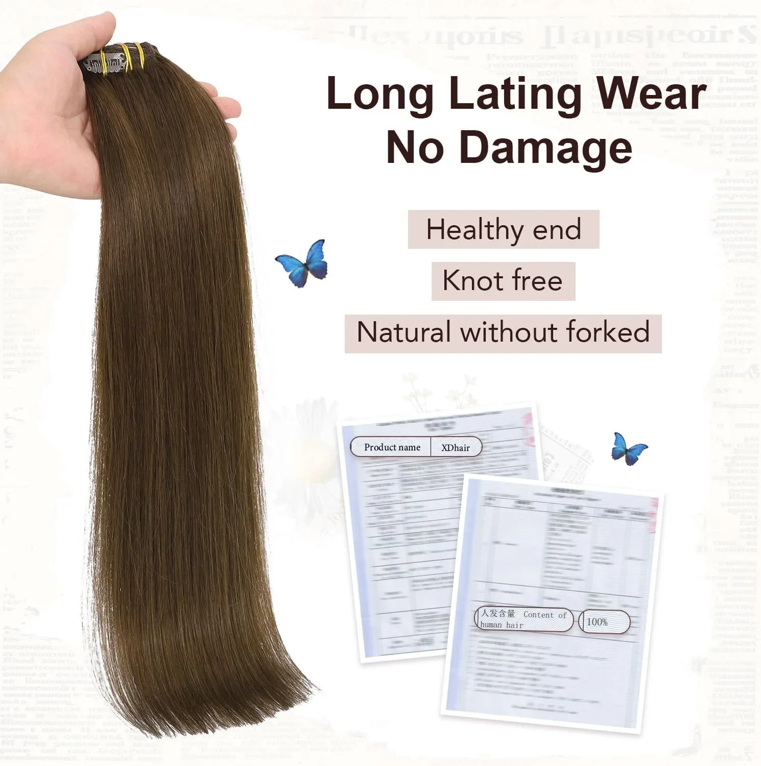 XDhair екстеншъни за коса тип „щипка“ от естествена човешка коса, 40 см, 6 броя (100 гр) — снимка 3
