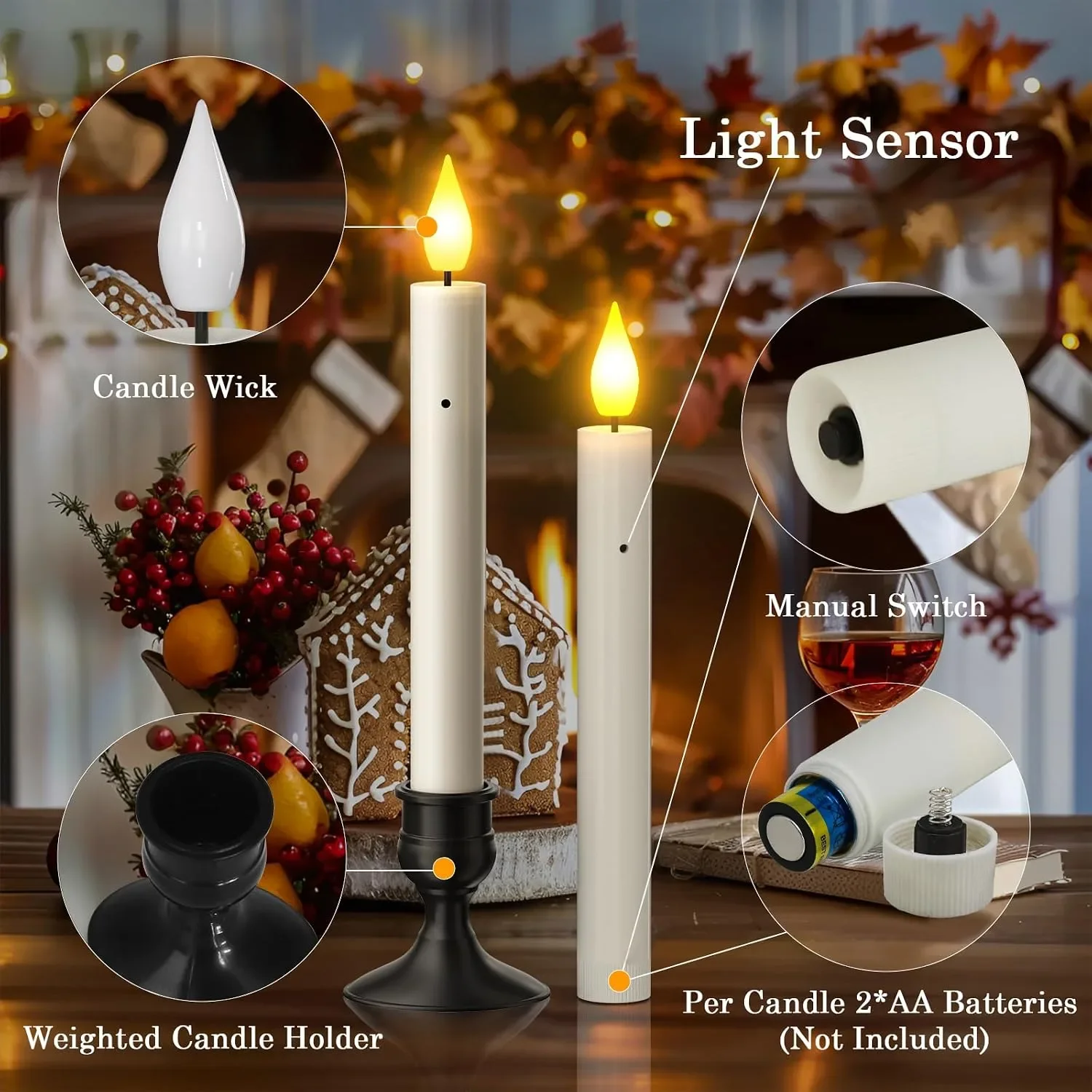 PChero LED конусовидни свещи със сензор от здрач до зори, 10 бр., безпламъчни с батерии — снимка 5