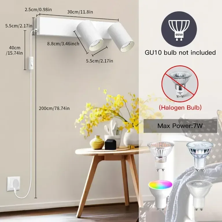 TaFiCo GU10 Модерна стенна лампа с щепсел, регулируема на 350°, 7W, бяла, крушката не е включена — снимка 5