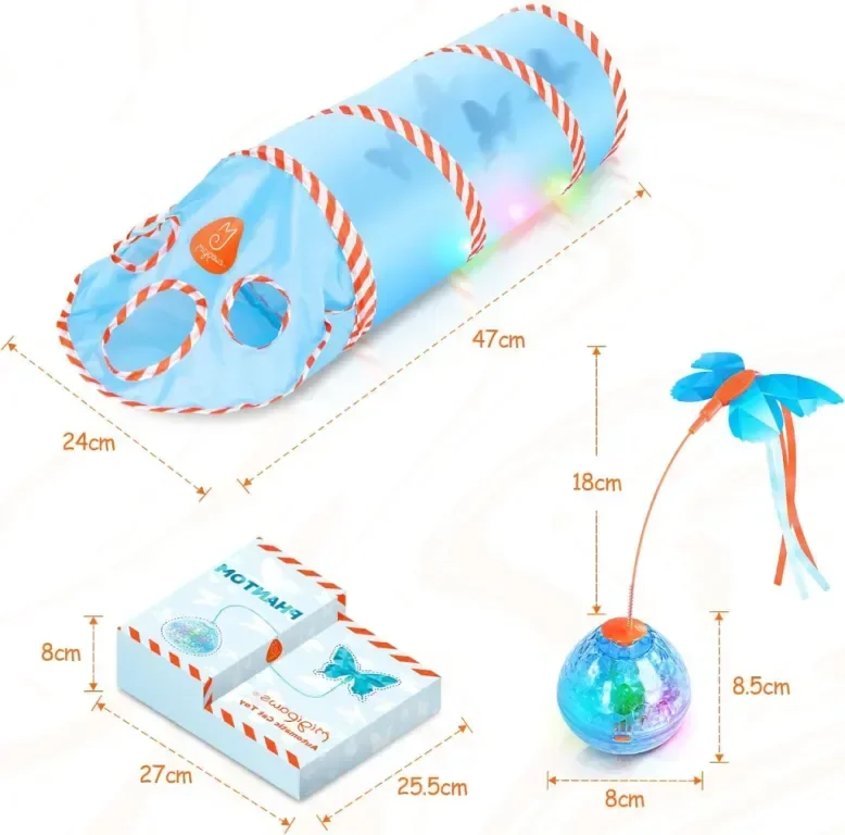 Migipaws Интерактивна играчка за котки, движеща се сянка, пеперудени пера, тунел, акумулаторна — снимка 3