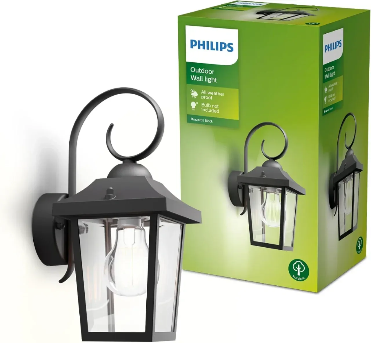 Винтидж стенен фенер Philips Buzzard + E27 LED крушка, топла бяла светлина, външен