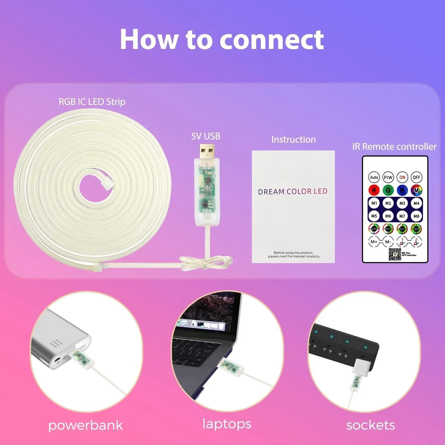 FWoche Magic Neon Lights RGB+IC LED неонова въжена светлина 5м с Bluetooth приложение и IR дистанционно — снимка 3