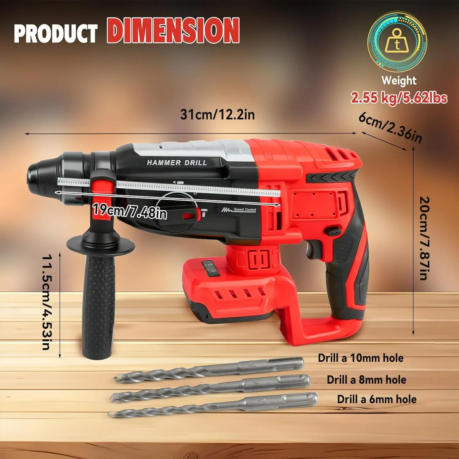 Акумулаторен перфоратор/къртач тип “hammer drill” с 3 свредла, SDS-Plus и помощна дръжка — снимка 8