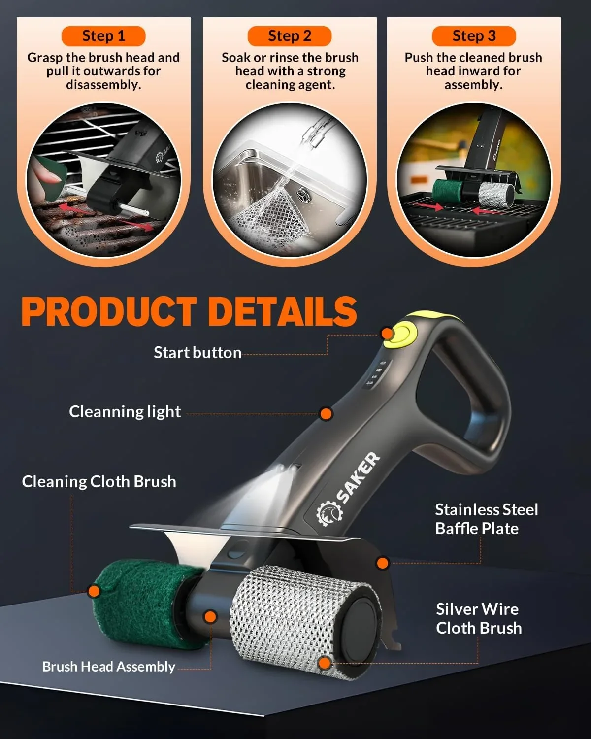 SAKER Electric Grill Brush HK05E-B – безжична почистваща четка за скара с LED фенер и 3 глави — снимка 4