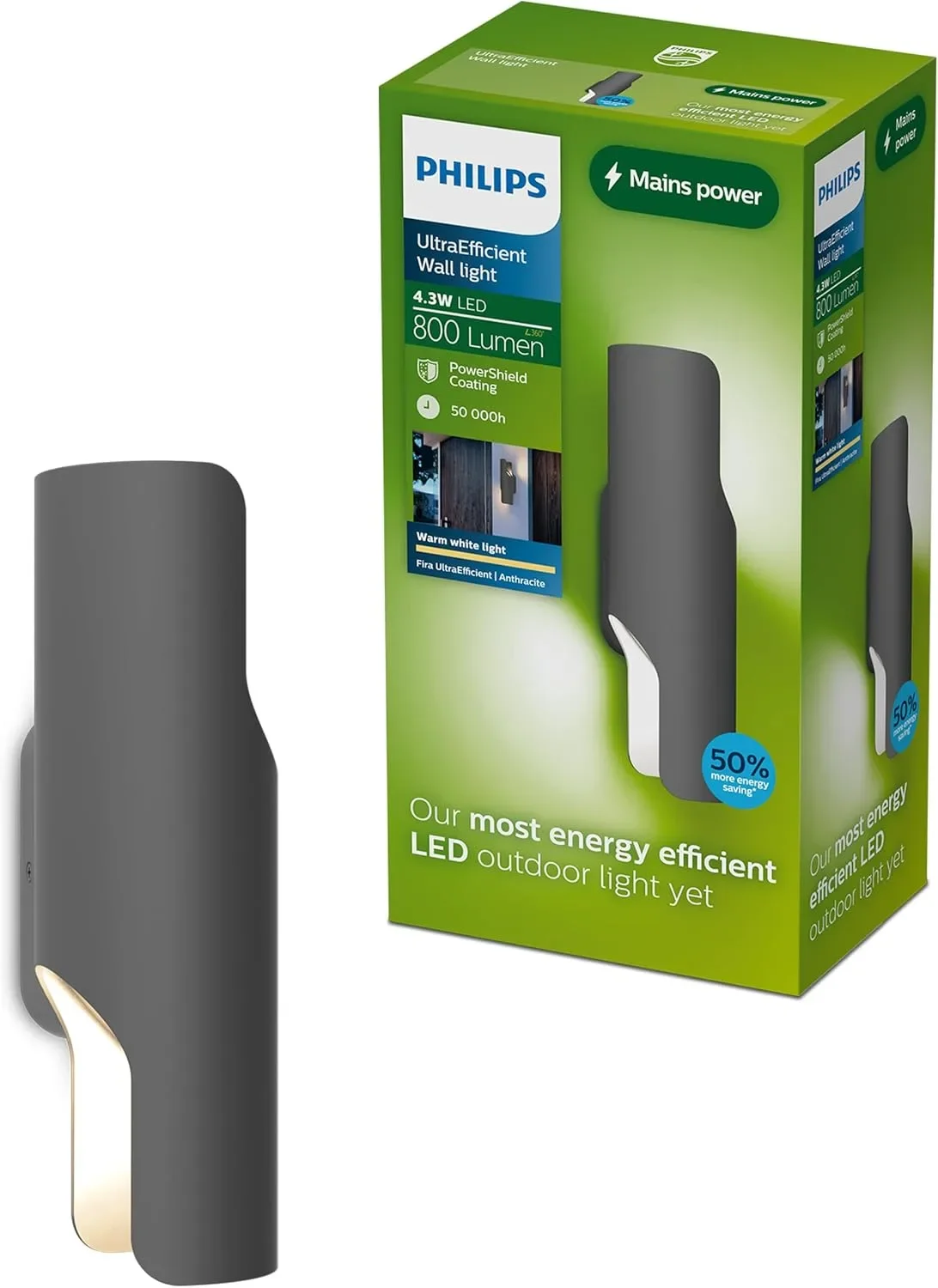 Външна LED стенна лампа Philips Fira UltraEfficient, 800 lm, 2700K, PowerShield, IP44