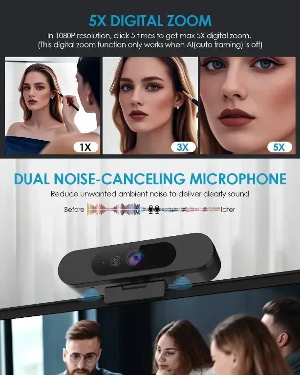 MOERTEK 4K UHD уеб камера, WDR, AI проследяване, вградени двойни микрофони с шумопотискане — снимка 3