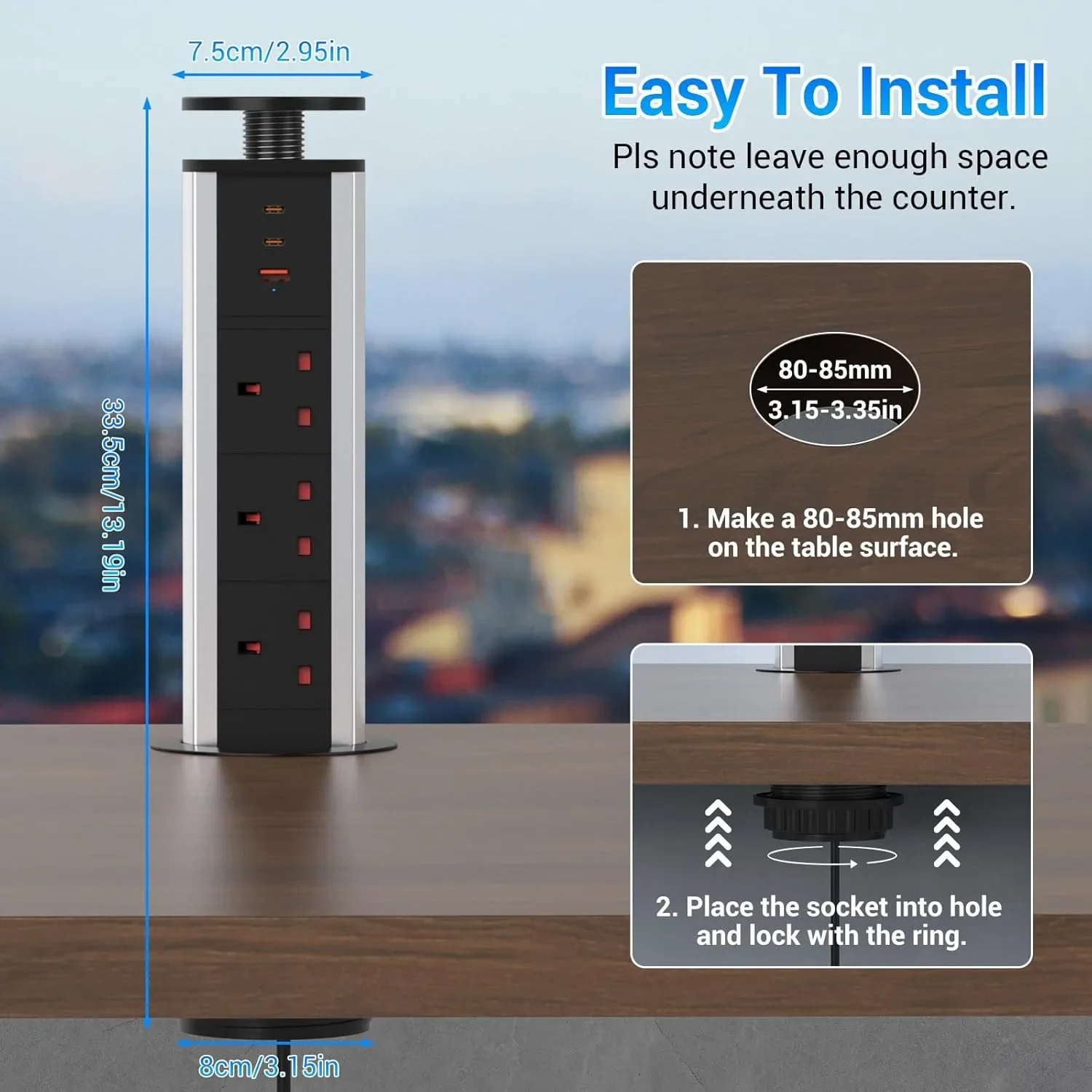 Hanstore Pop-Up разклонител с издърпващ модул, 3 гнезда и 3 порта (2x Type-C и 1x USB-A) — снимка 5