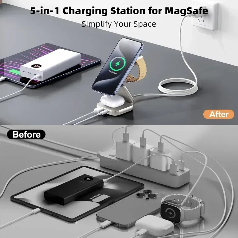 Безжична станция за зареждане AC Island 5 в 1, сгъваема стойка Mag-Safe (Titanium) — снимка 4
