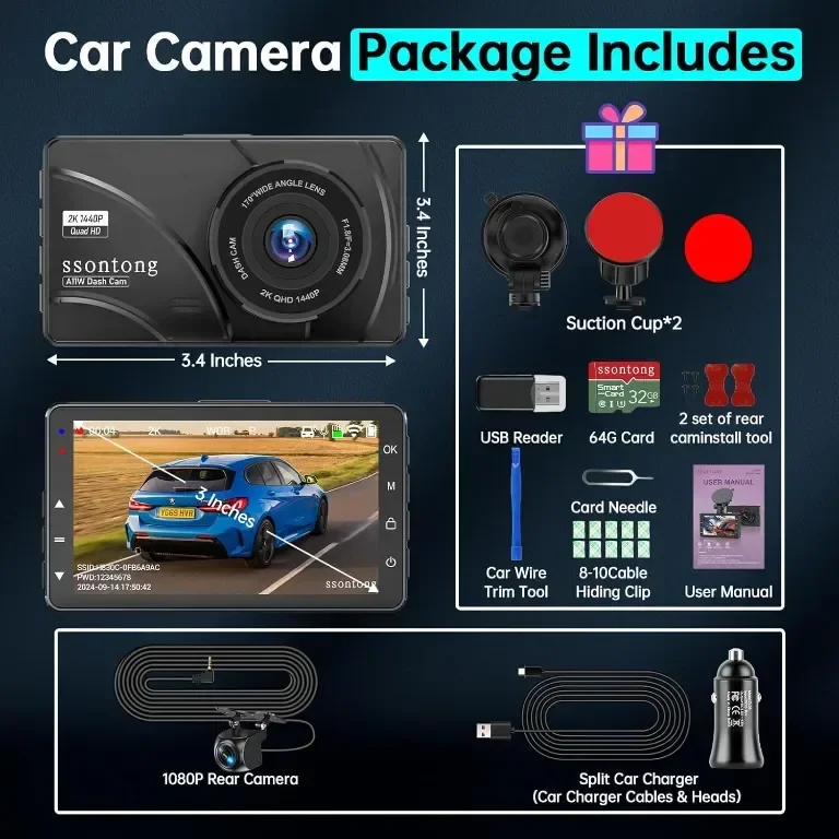 Dash Cam отпред и отзад, 2K, WiFi/БЕЗПЛАТНО ПРИЛОЖЕНИЕ, отпред 170°+140° отзад — снимка 6