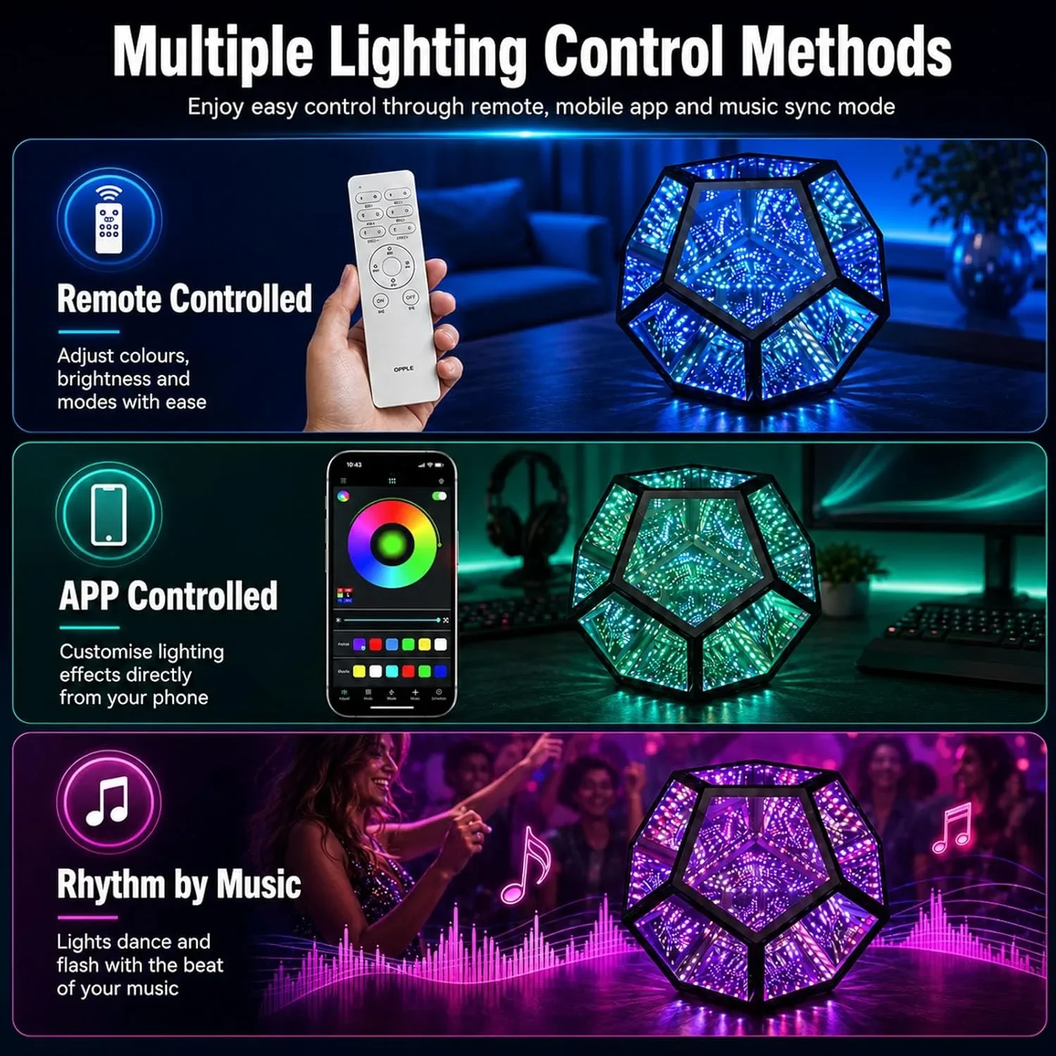 RGBW Infinity Mirror LED лампа с дистанционно и APP контрол (умно осветление) — снимка 6