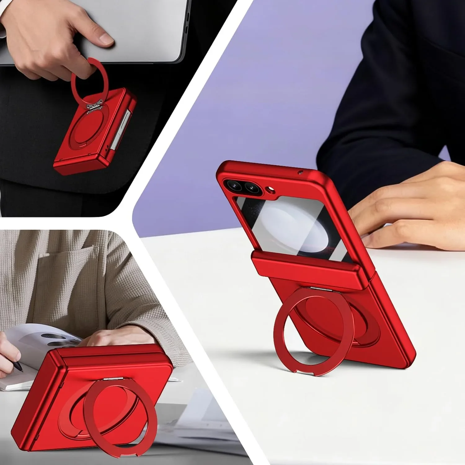 Червен Калъф за Samsung Galaxy Z Flip5 с въртящ се пръстен и стойка — снимка 7