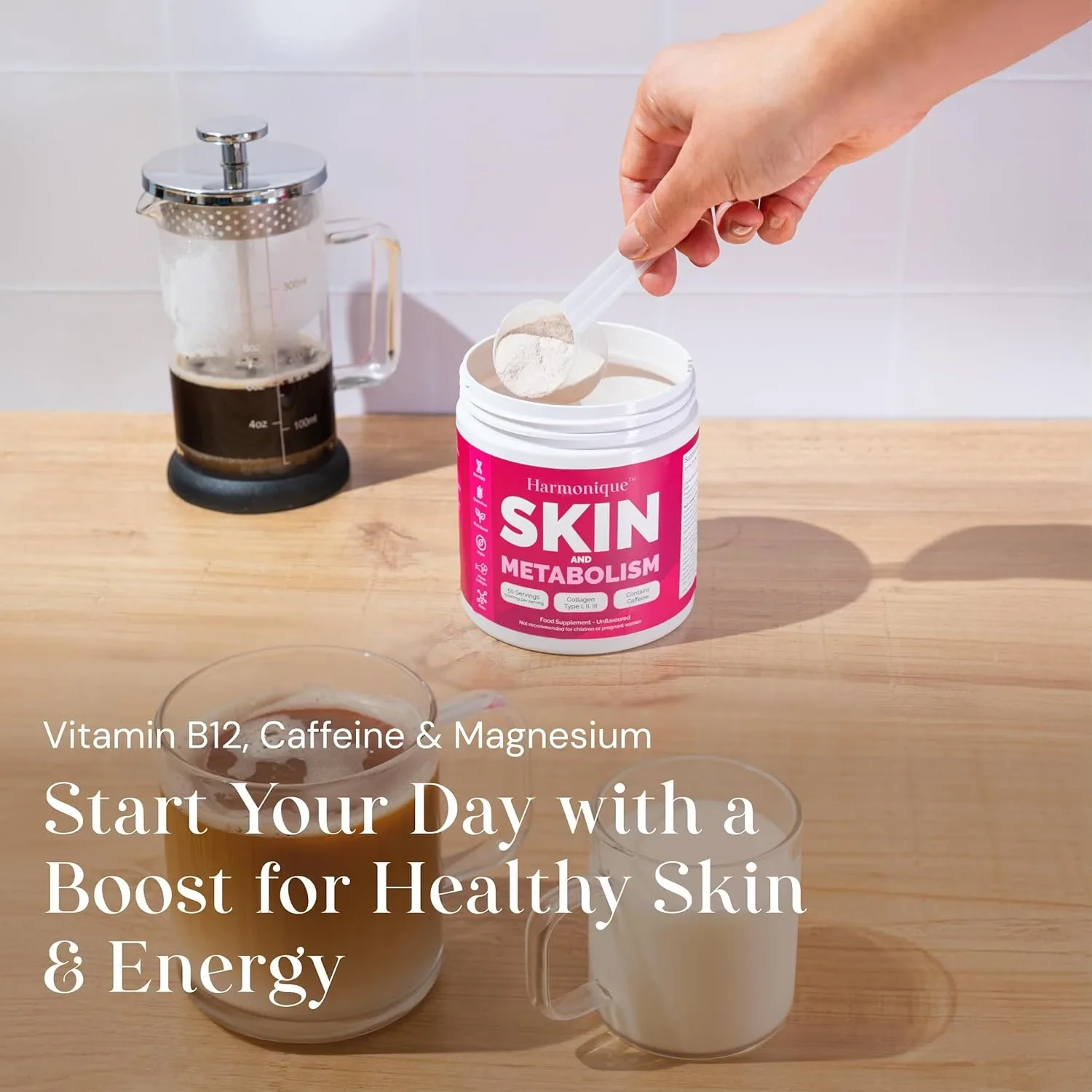 Harmonique SKIN AND METABOLISM 3-в-1 колаген микс с типове I, II, III, V, X, биотин, B12 и магнезий – 50 порции — снимка 6