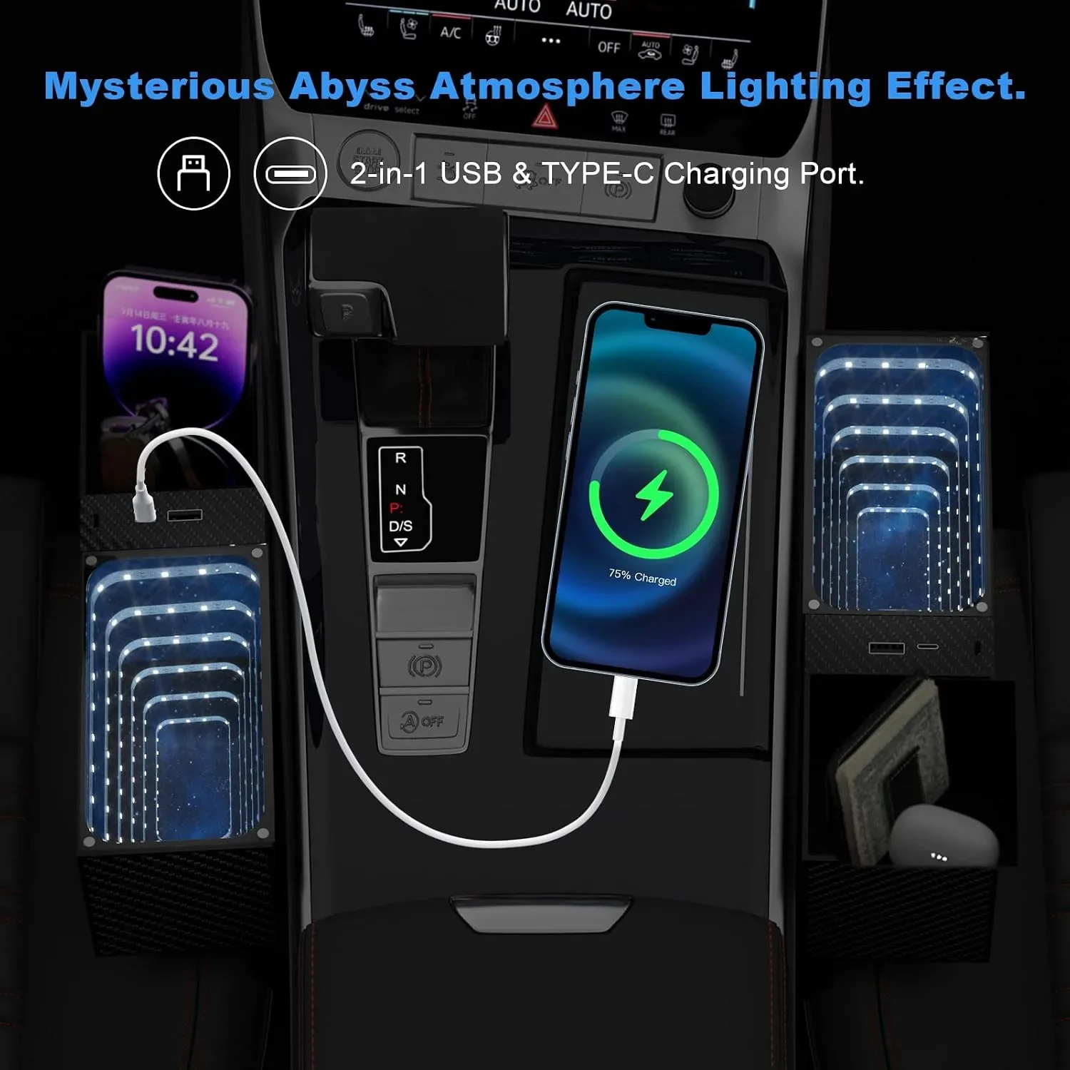 Комплект 2 органайзера за между седалките с LED осветление и USB-C — снимка 3