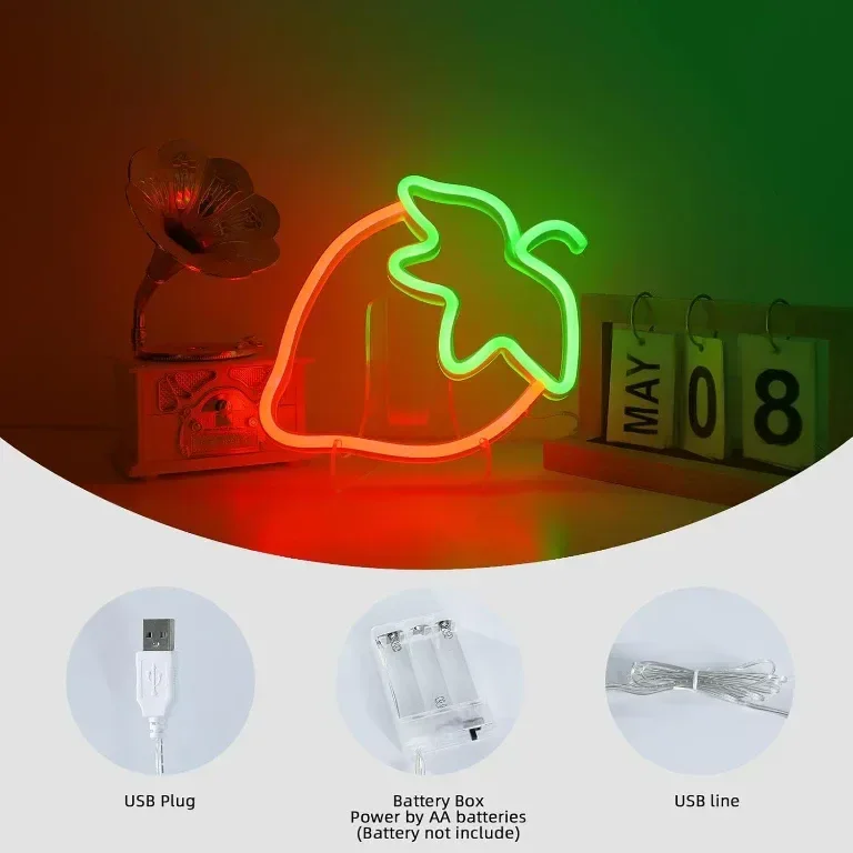 WIOSOUL LED Неонова табела с форма на ягода, 18,5x25 см, батерии или USB — снимка 4
