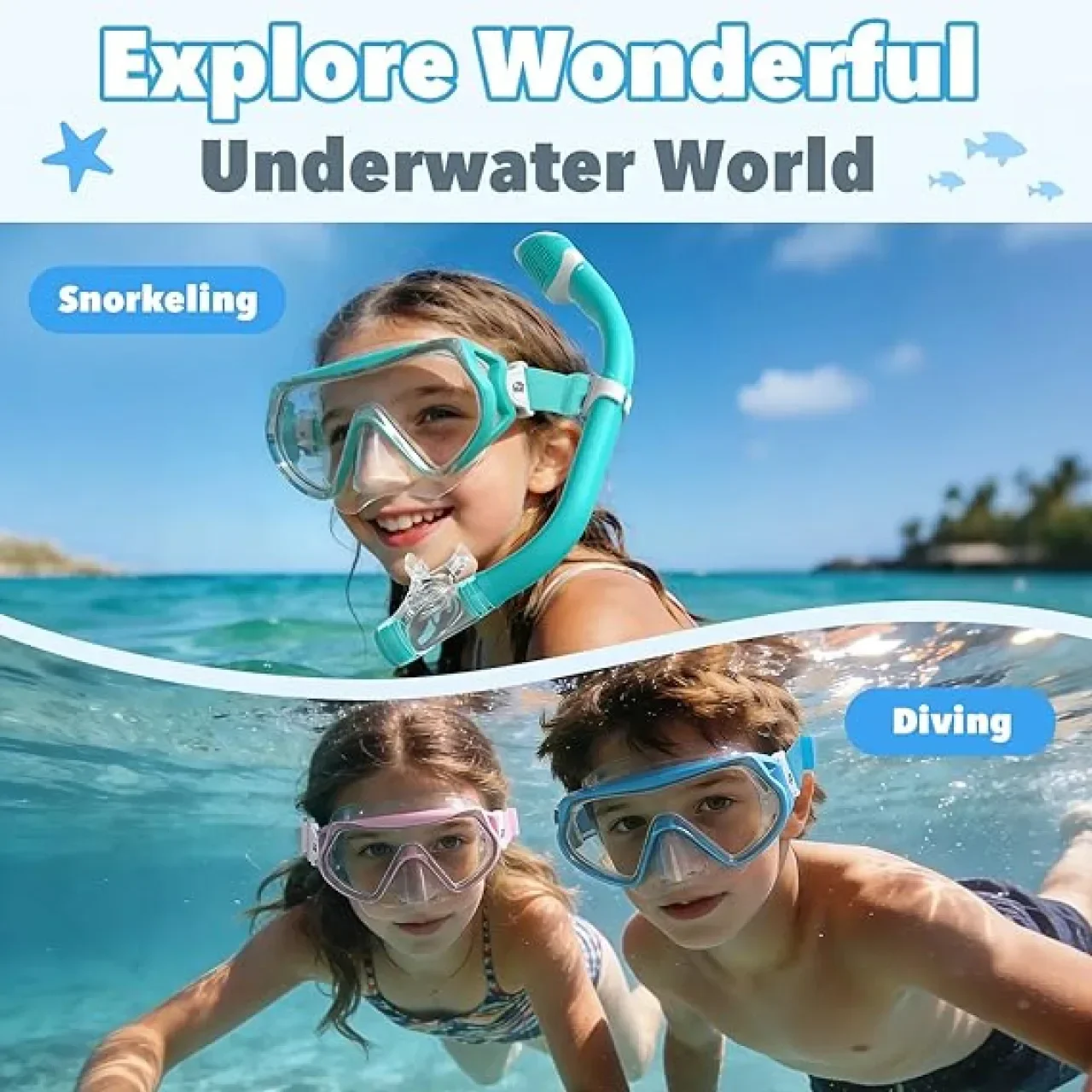 Детска маска за гмуркане Findway с еластична платнена каишка, 4-16 години, синя — снимка 7
