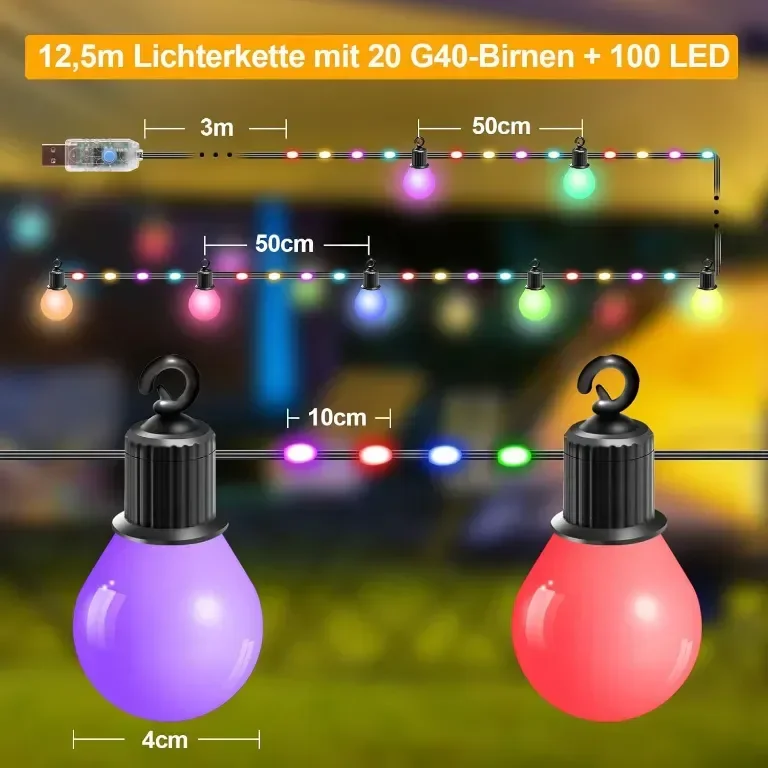 IRISECO 12,5м цветни външни крушки, Водоустойчиви Festoon светлини, 100LED+20 крушки, 12 режима USB — снимка 6