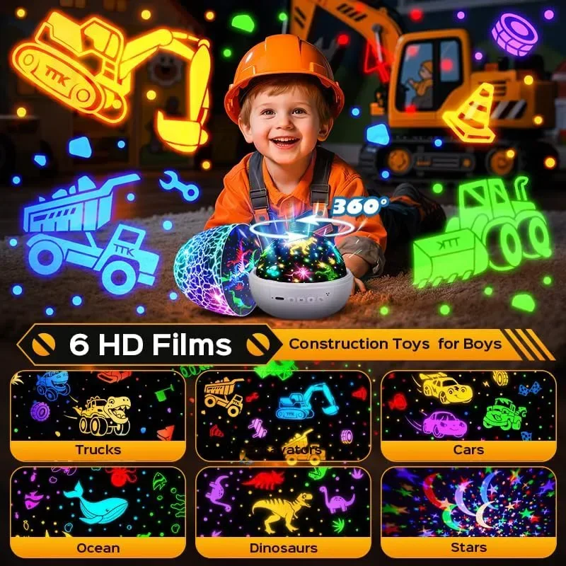 Нощна прожекционна лампа Dino/Construction (6 HD филма) със звук и дистанционно — снимка 2