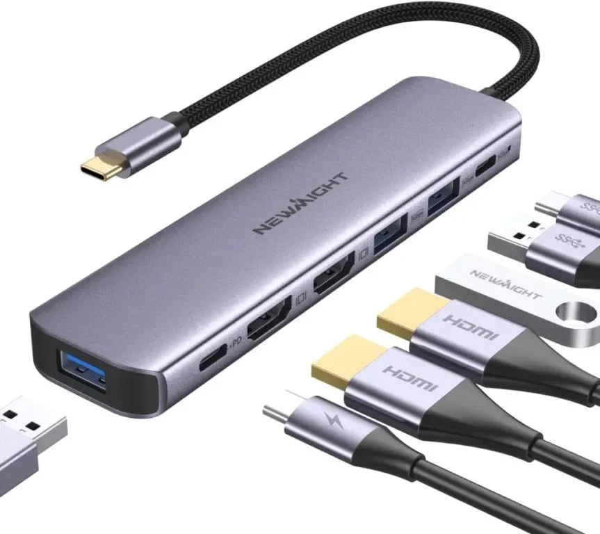 USB C към HDMI адаптер, Newmight 7 в 1 USB C докинг станция с 2 HDMI, 3 USB3.0, 100 W PD, USB C 3.0
