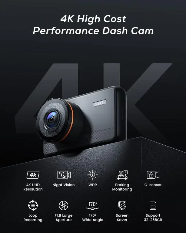 Предна камера iZEEKER 4K Dash Cam, 2160P камера за кола с безплатна 32GB карта, WDR 400 — снимка 2