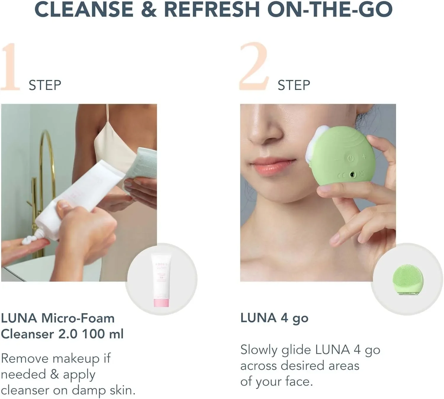 FOREO LUNA 4 go – смарт силиконова четка за лице с масаж + почистващ micro-foam 2.0 (100 ml) — снимка 2