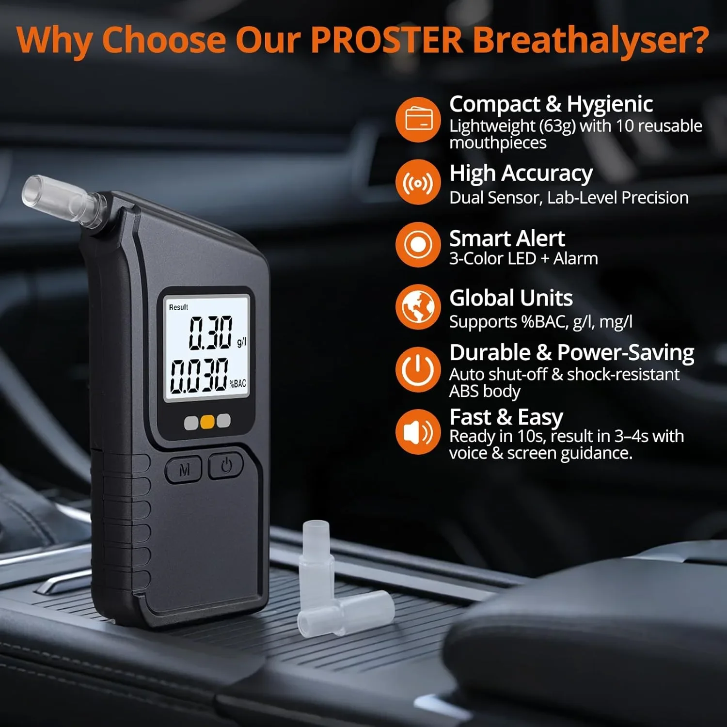 Proster MR1107 тестер за алкохол (дрегер) с двойни сензори, 3-цветен индикатор и звуков сигнал — снимка 2