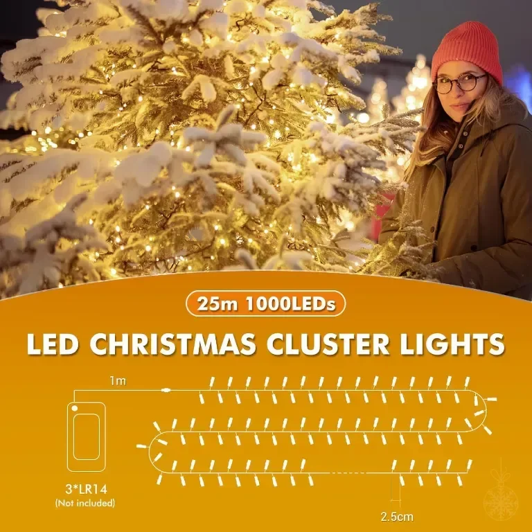 Quntis 25M 1000 LED коледни светлини, водоустойчиви, топло бяло, таймер, 8 режима — снимка 3