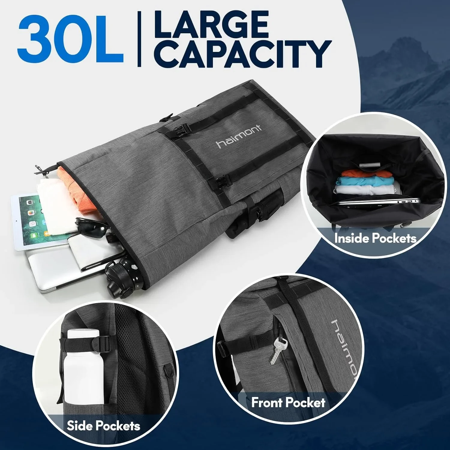 Раница Haimont Rolltop 20–30L, водоустойчива, с отделение за лаптоп, туристическа/ежедневна — снимка 4